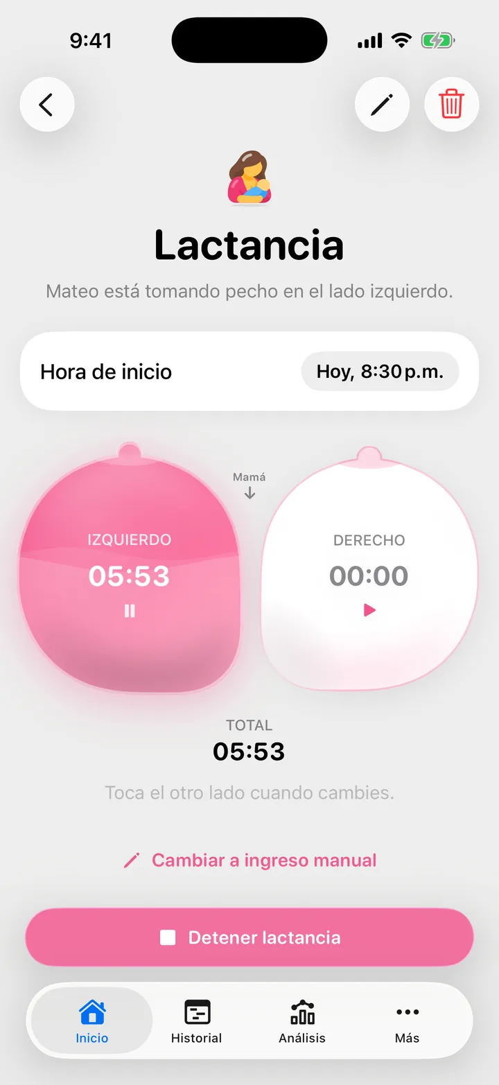 Cronómetro de lactancia de Cami con el lado izquierdo en curso, en español.