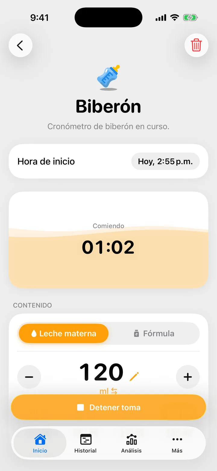 El formulario Biberón con el cronómetro de la toma corriendo y el botón Detener toma.