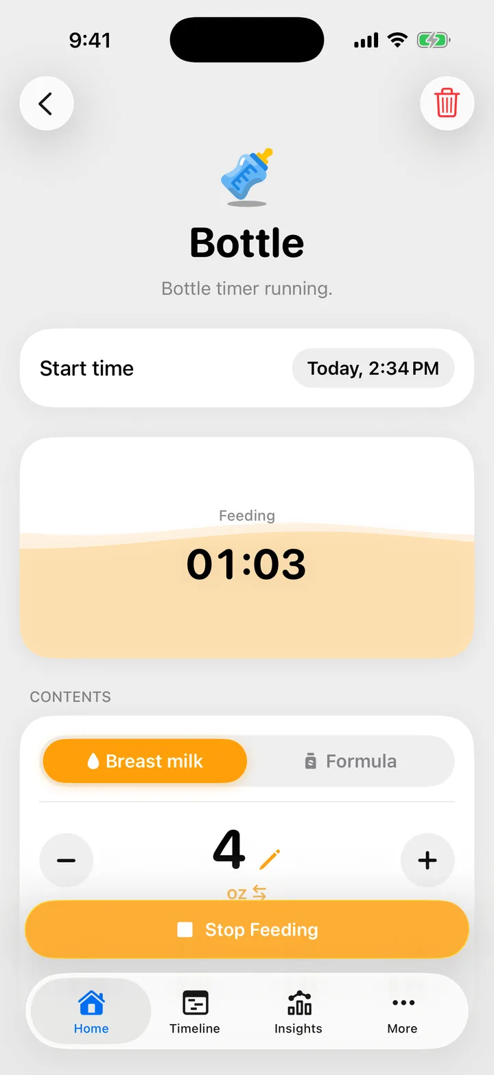 The Bottle form with the feeding timer running and the Stop Feeding button.