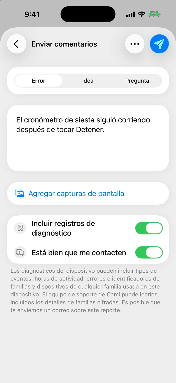 El formulario Enviar comentarios con Error, Idea y Pregunta, el campo del mensaje y el botón para enviar.