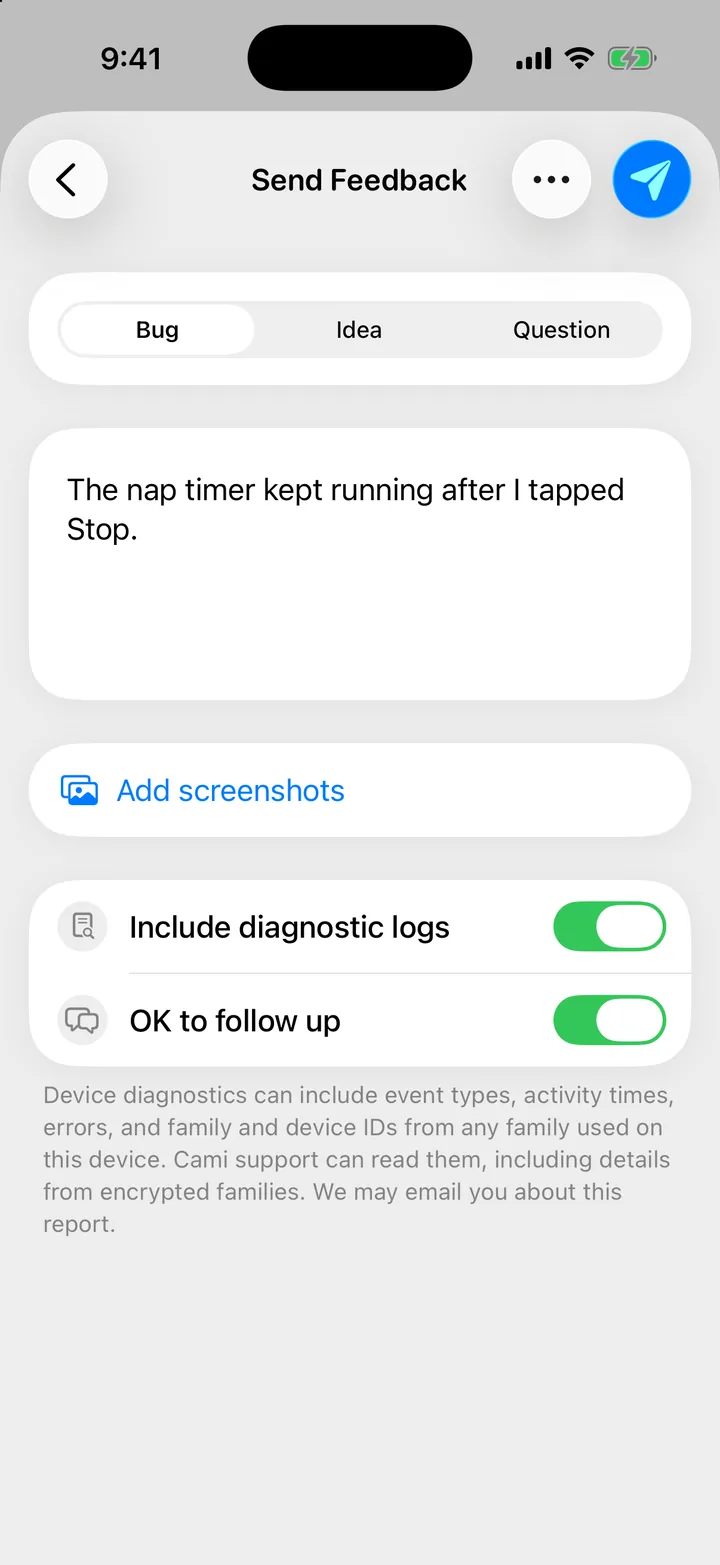 The Send Feedback form with the Bug, Idea and Question choices, the message field and the send button.