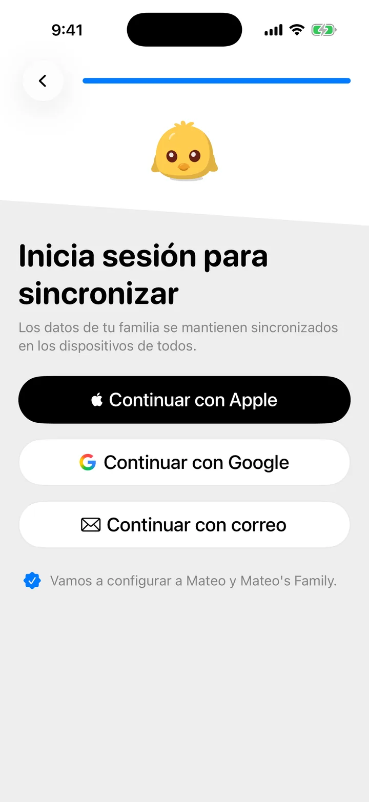 El paso de la cuenta, con Continuar con Apple, Continuar con Google y Continuar con correo.