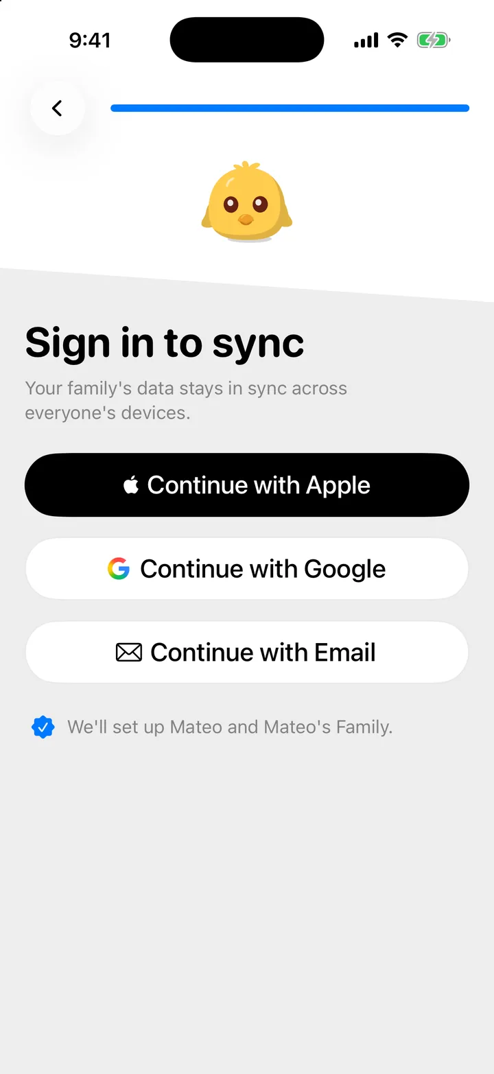 The account step with Continue with Apple, Continue with Google and Continue with Email.