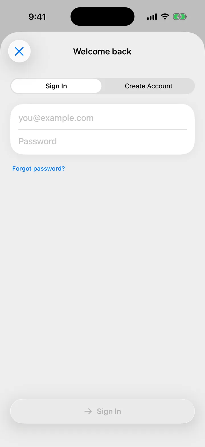 The email screen with Sign In selected, the email and password fields and Forgot password?.
