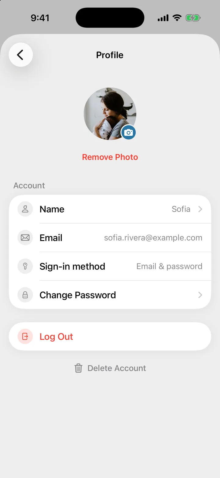 The Profile screen with Name, Email, Sign-in method and Change Password.