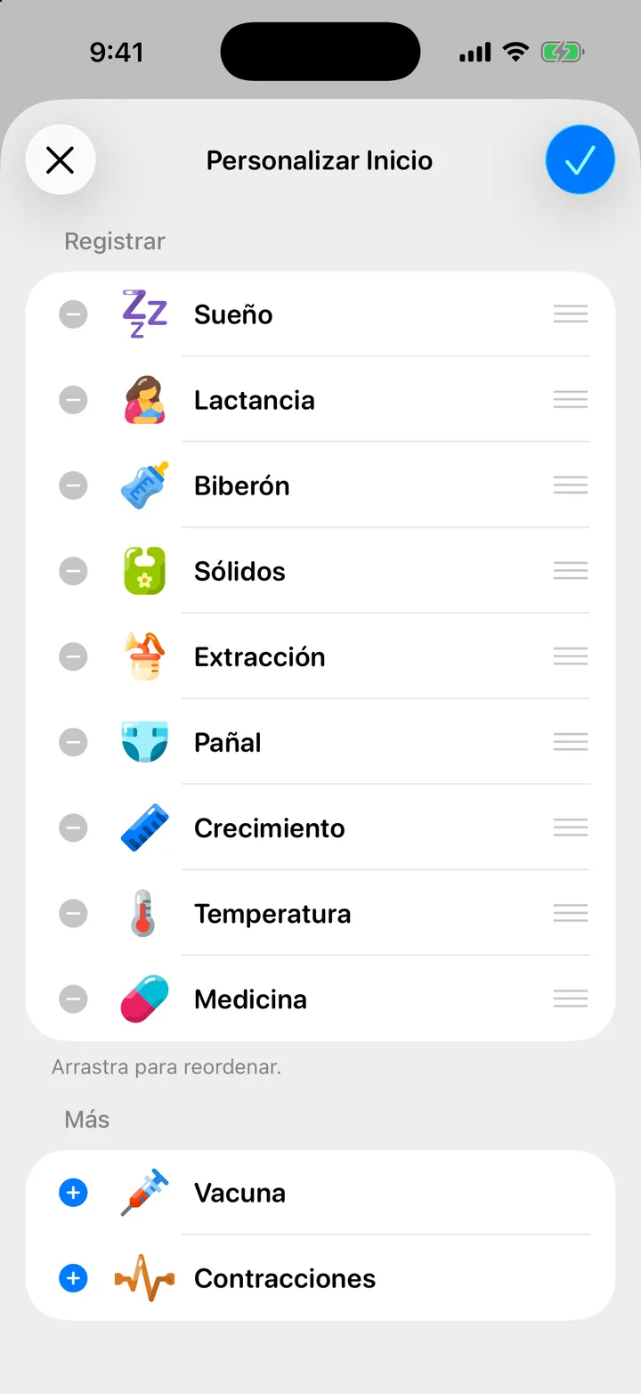 La hoja Personalizar Inicio: las filas de Registrar en orden con botones para quitar y agarraderas, las ocultas en Más, y Guardar cambios.