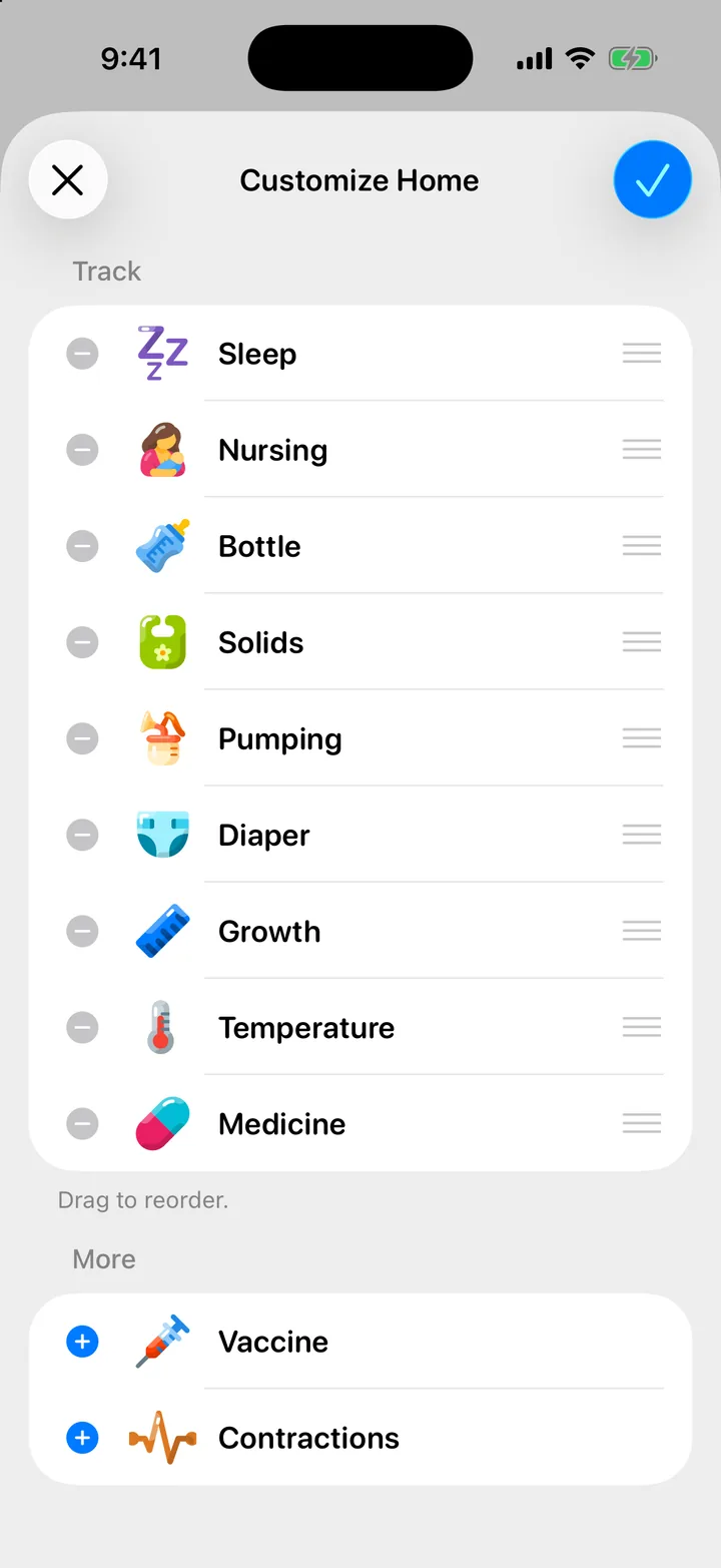 The Customize Home sheet: the Track rows in order with remove buttons and drag handles, hidden rows under More, and Save changes.