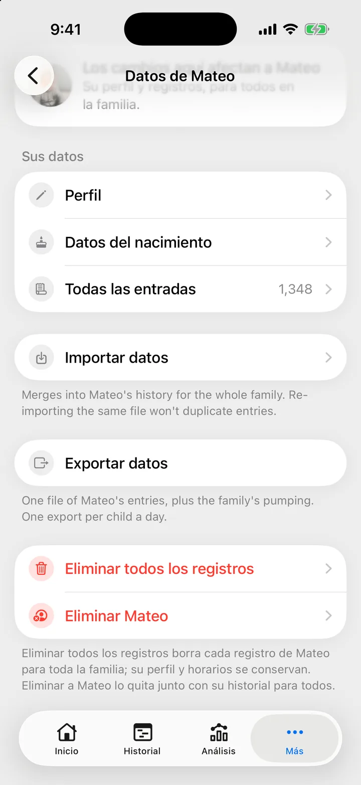 Pantalla Datos de Mateo en Cami, con las filas rojas Eliminar todos los registros y Eliminar Mateo al final.
