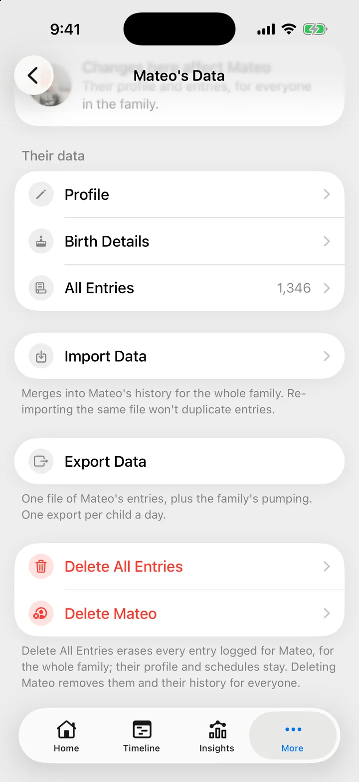 Mateo's Data screen in Cami, with the red Delete All Entries and Delete Mateo rows at the bottom.