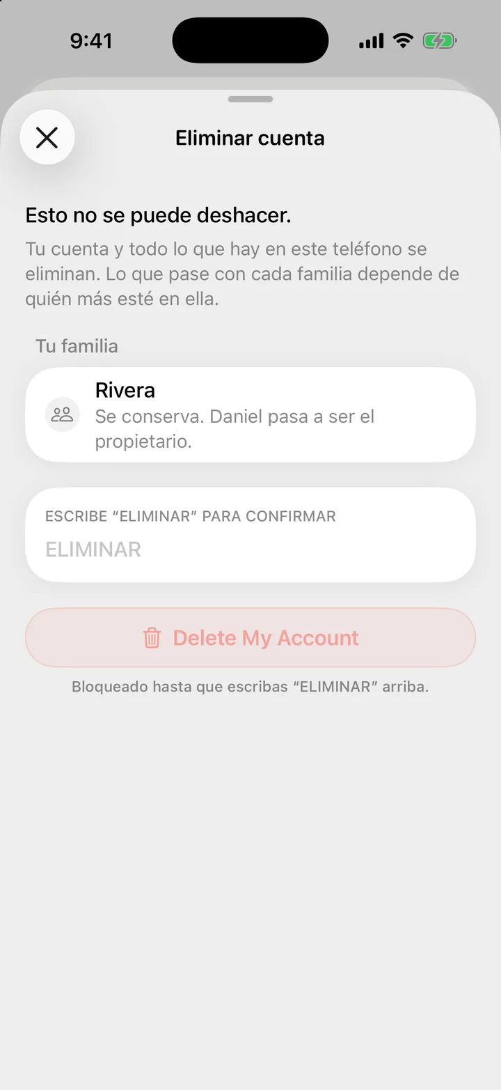 Hoja Eliminar cuenta de Cami, con una familia y lo que pasará con ella, el recuadro para escribir la palabra y el botón que se mantiene presionado.
