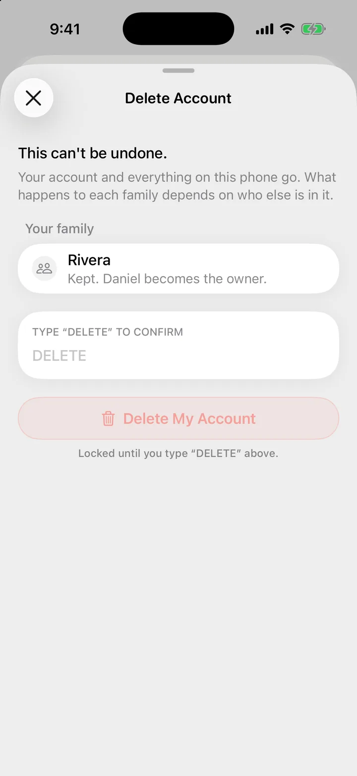 Cami's Delete Account sheet, listing one family and what happens to it, with the type-to-confirm box and the hold button.
