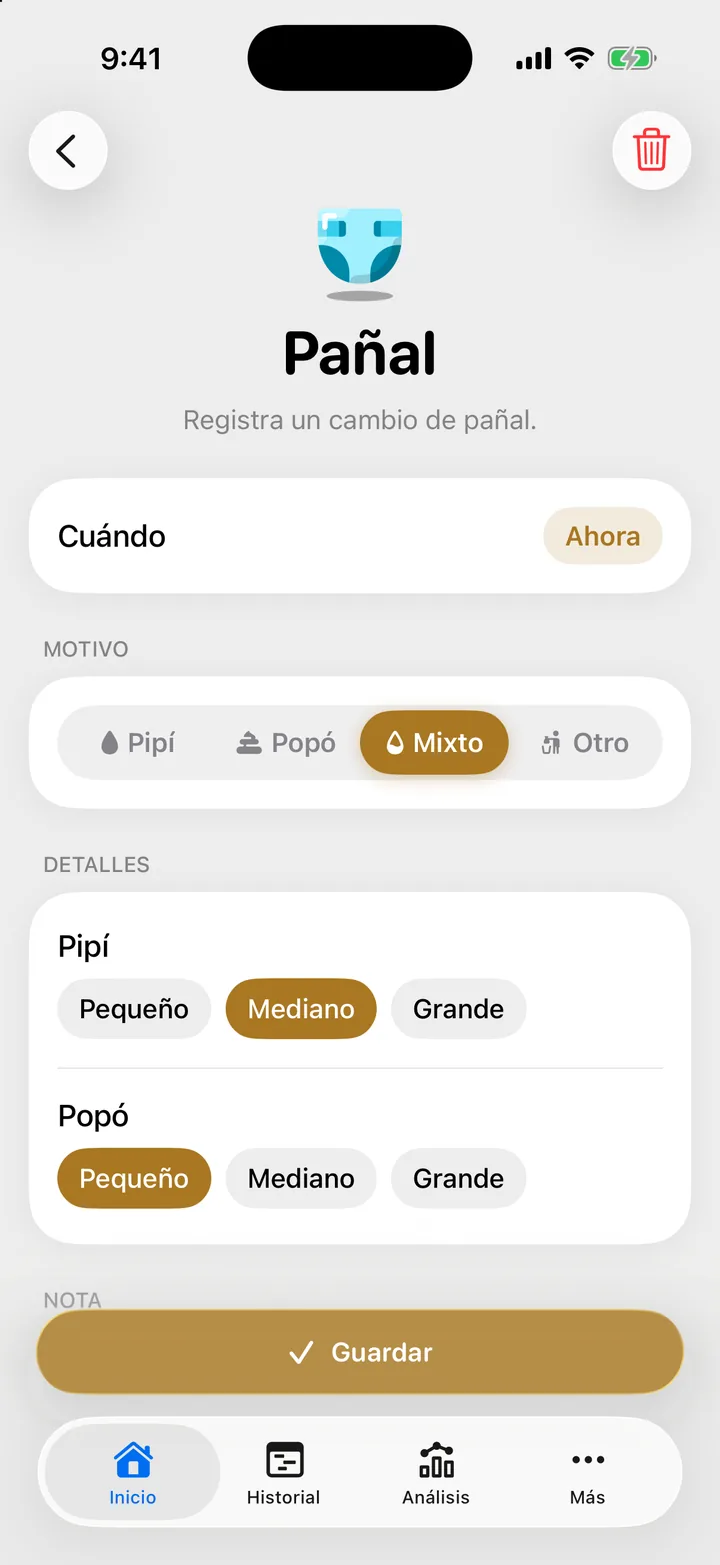 El formulario Pañal con Mixto elegido y la tarjeta Detalles: Pipí y Popó, cada uno con Pequeño, Mediano y Grande.