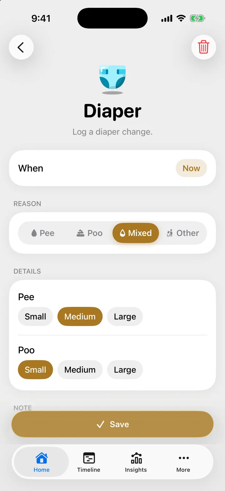 The Diaper form with Mixed selected and the Details card: Pee and Poo, each with Small, Medium and Large.