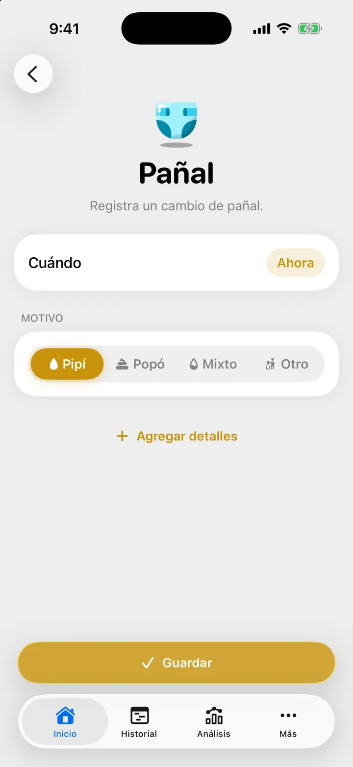 El formulario Pañal: Cuándo en Ahora, las opciones Pipí, Popó, Mixto y Otro, y Agregar detalles.