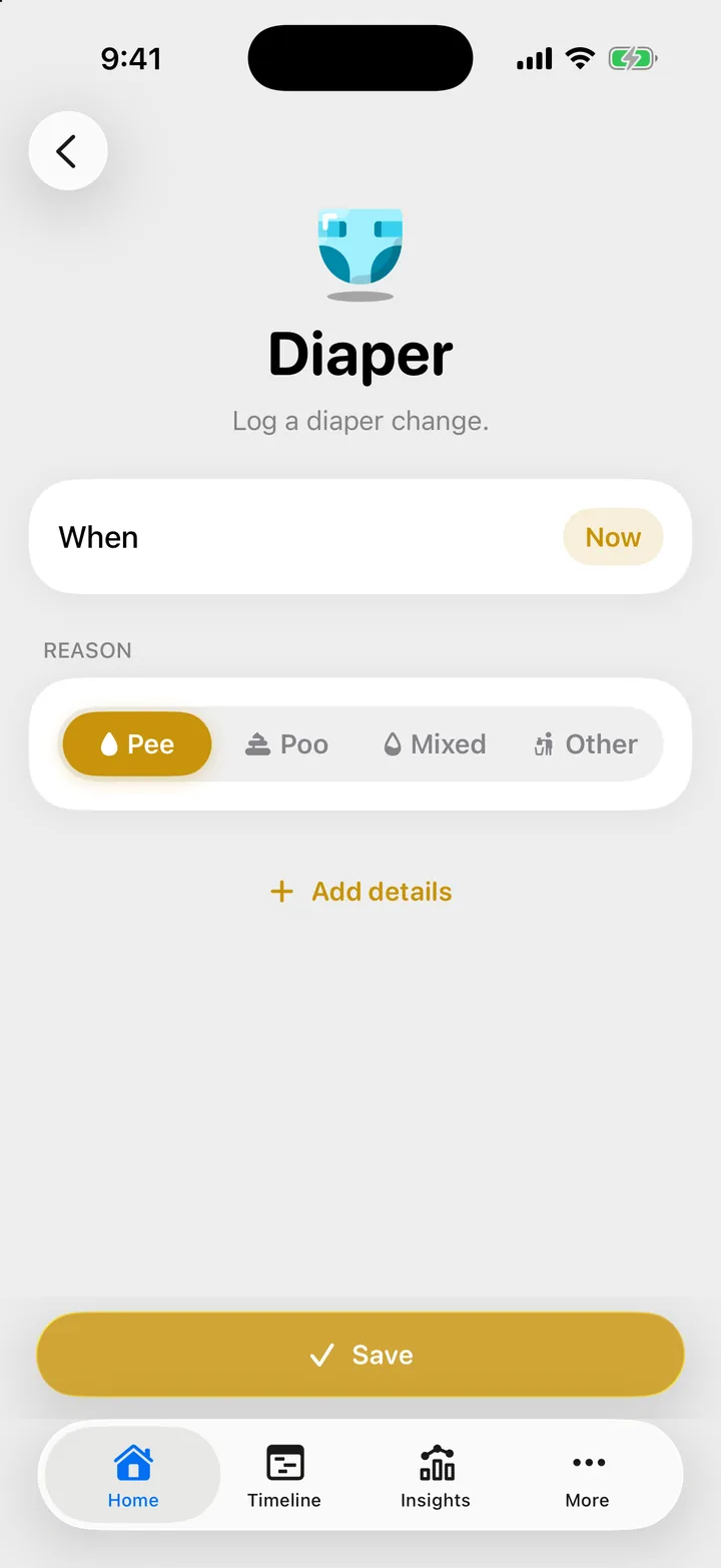 The Diaper form: When set to Now, the Pee, Poo, Mixed and Other choices, and Add details.