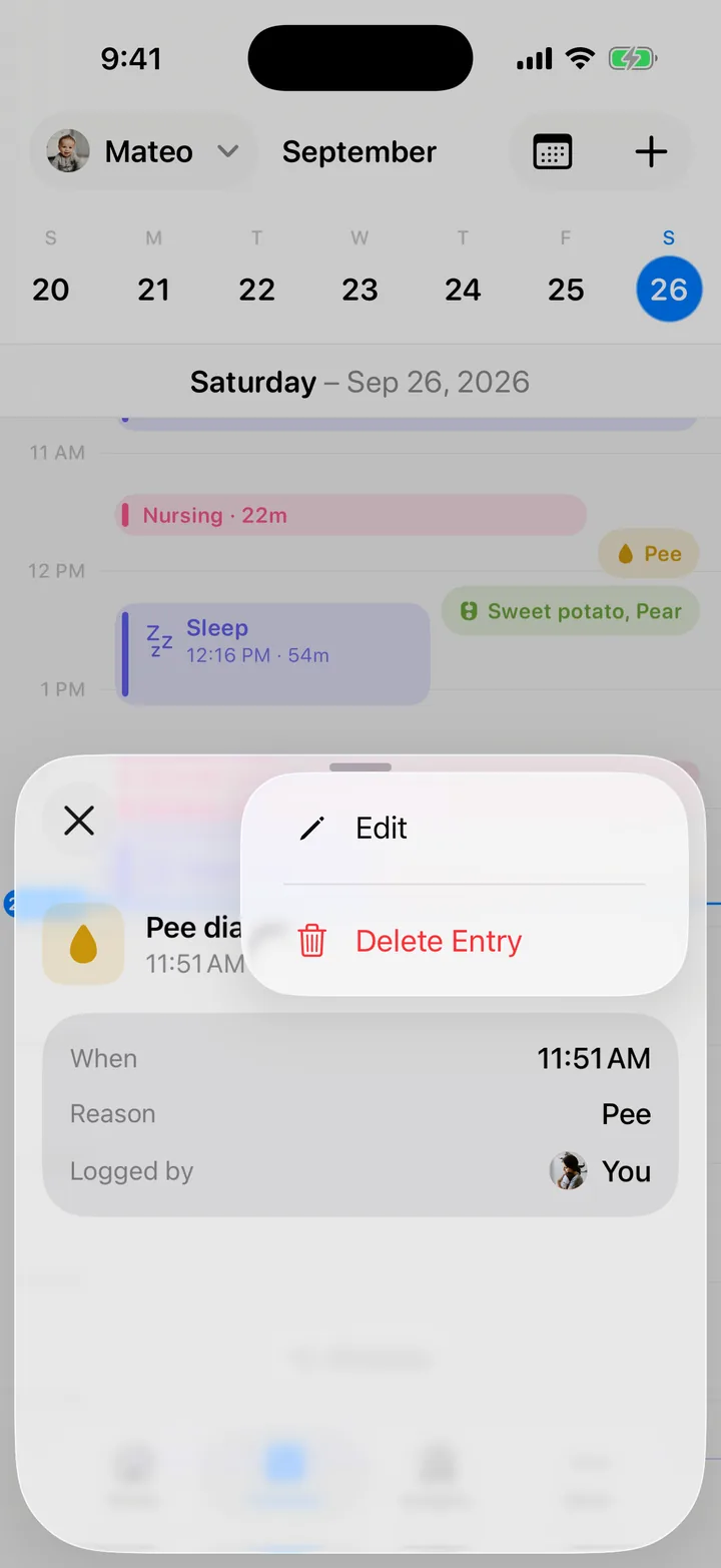 An entry open on the Timeline, with the ••• menu showing Edit and Delete Entry.