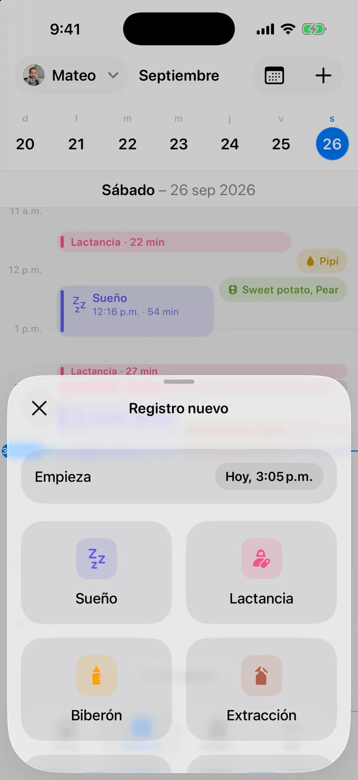 La hoja Registro nuevo en el Historial: la hora de inicio y una cuadrícula con los tipos de registro.