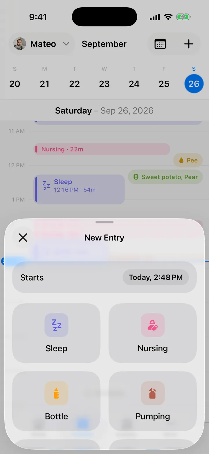 The New Entry sheet on the Timeline: the Starts time and a grid of entry types.