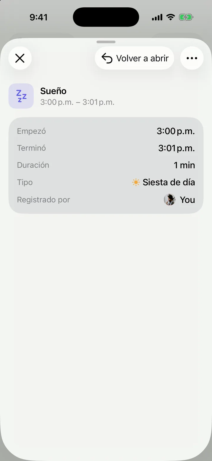 Un sueño guardado abierto en el Historial con el botón Volver a abrir arriba.
