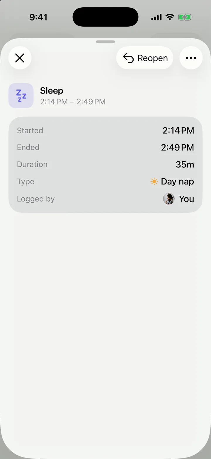 A saved sleep open on the Timeline with the Reopen button at the top.