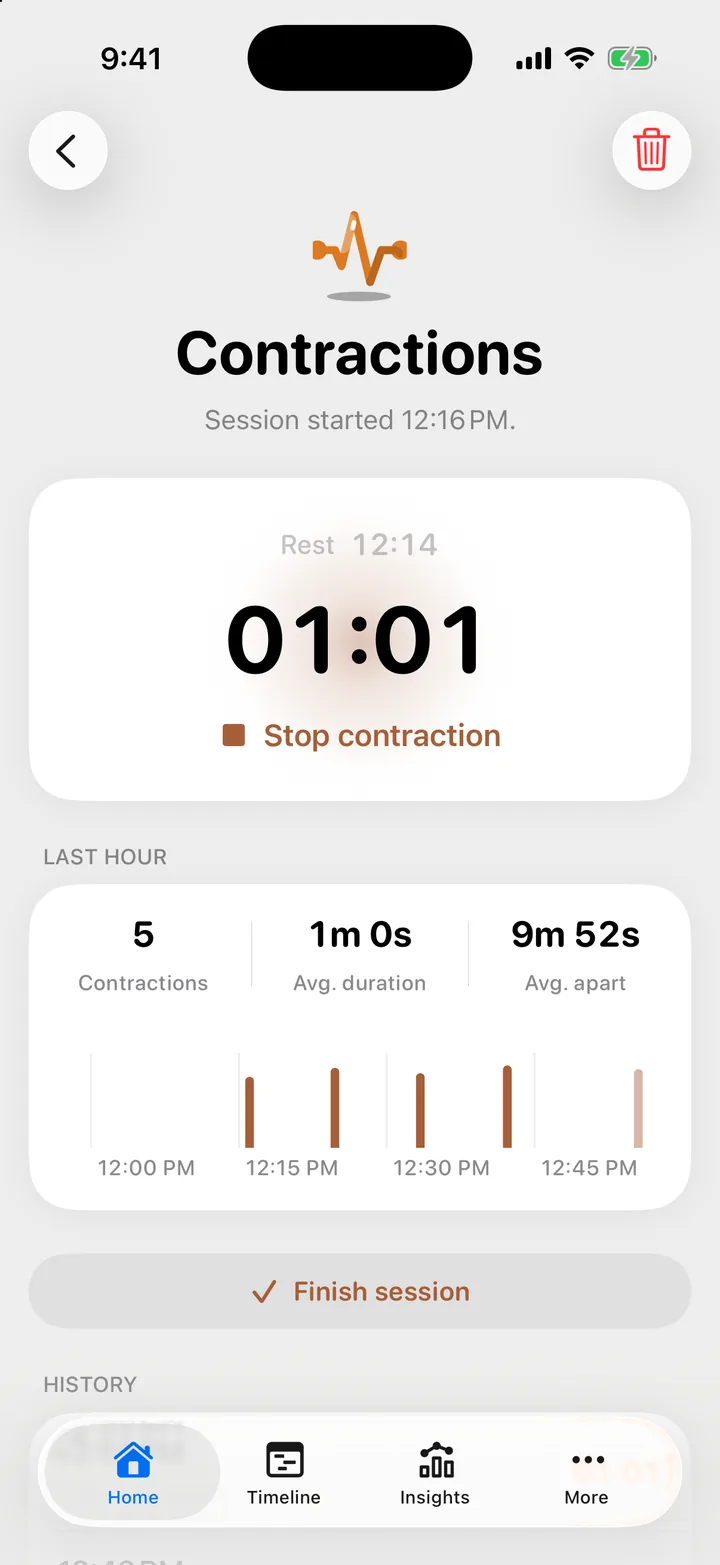 The contraction timer during a session, with the big start and stop button and the last hour's figures.