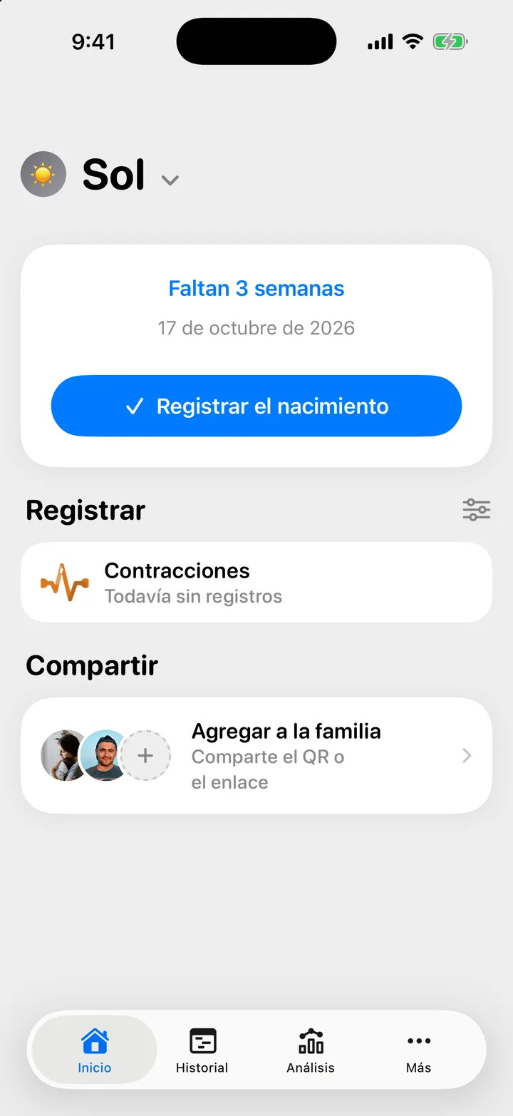 Inicio antes del nacimiento: la cuenta regresiva a la fecha probable de parto, el botón Registrar el nacimiento y la fila Contracciones.