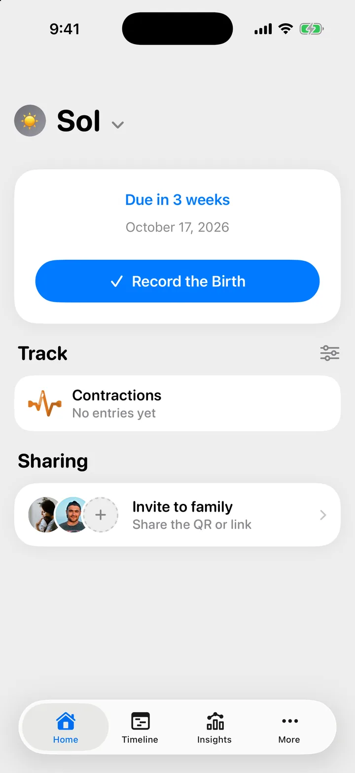 Home before the birth: the countdown to the due date, the Record the Birth button and the Contractions row.