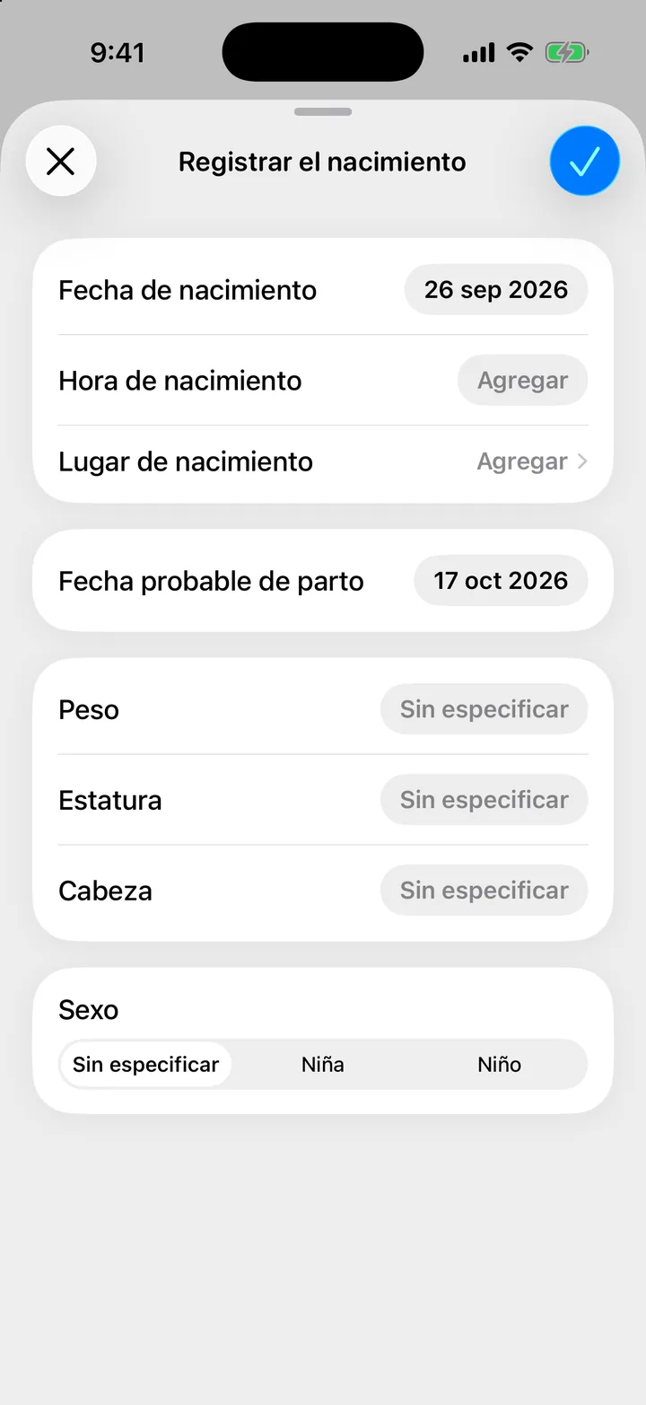 La hoja Registrar el nacimiento con la fecha, la hora de nacimiento y las medidas.