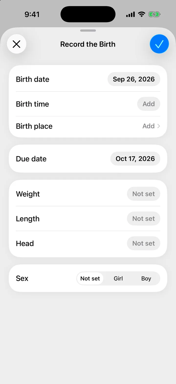 The Record the Birth sheet with birth date, birth time and measurements.