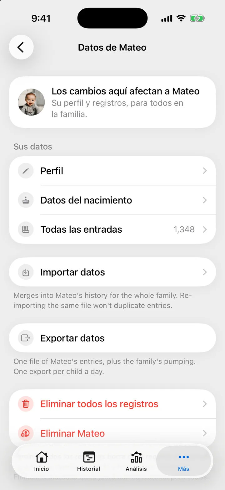 Pantalla Datos de Mateo en Cami, con la fila Exportar datos.