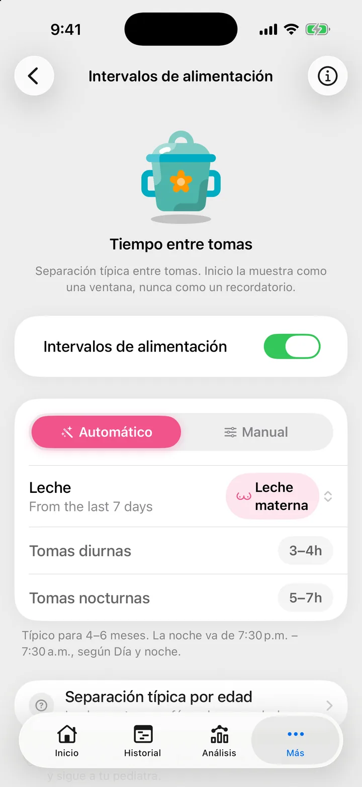 La pantalla Intervalos de alimentación: el interruptor, Automático elegido, la fila Leche, y Tomas diurnas y Tomas nocturnas.