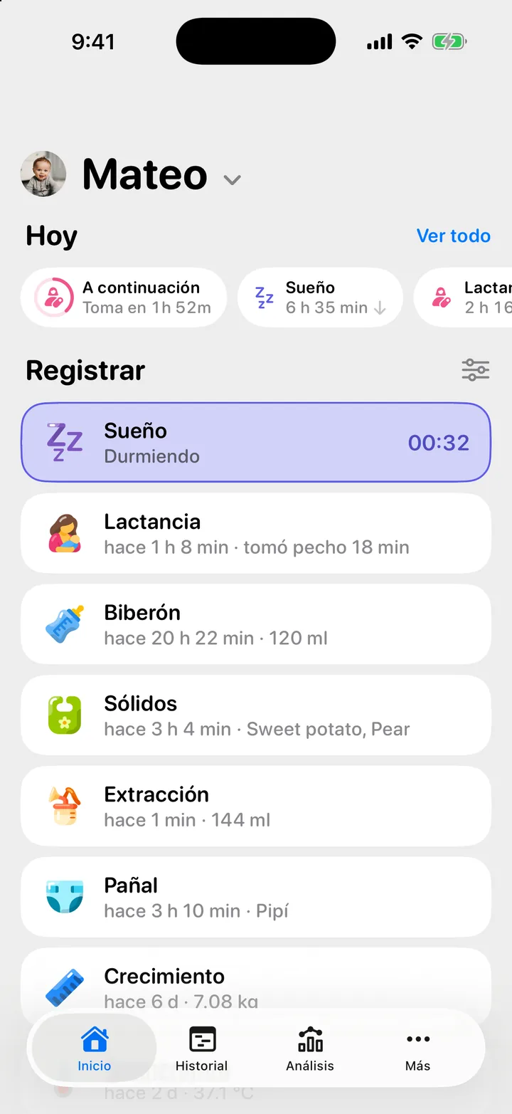 La píldora A continuación al inicio de la fila Hoy en Inicio, con la cuenta regresiva de la toma y un anillo alrededor del ícono.
