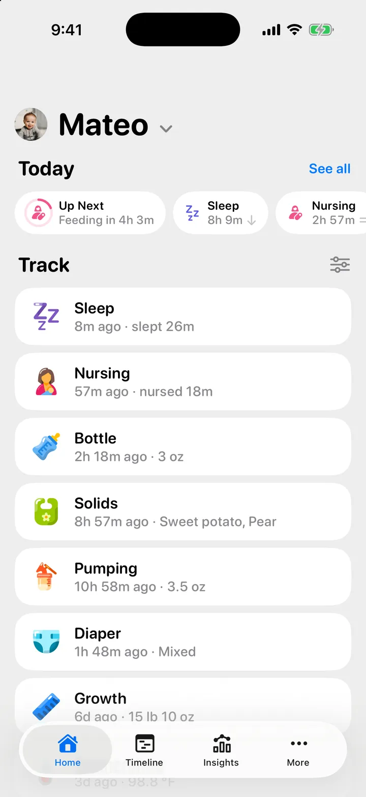 The Up Next pill at the start of the Today row on Home, with a feeding countdown and a ring around the glyph.