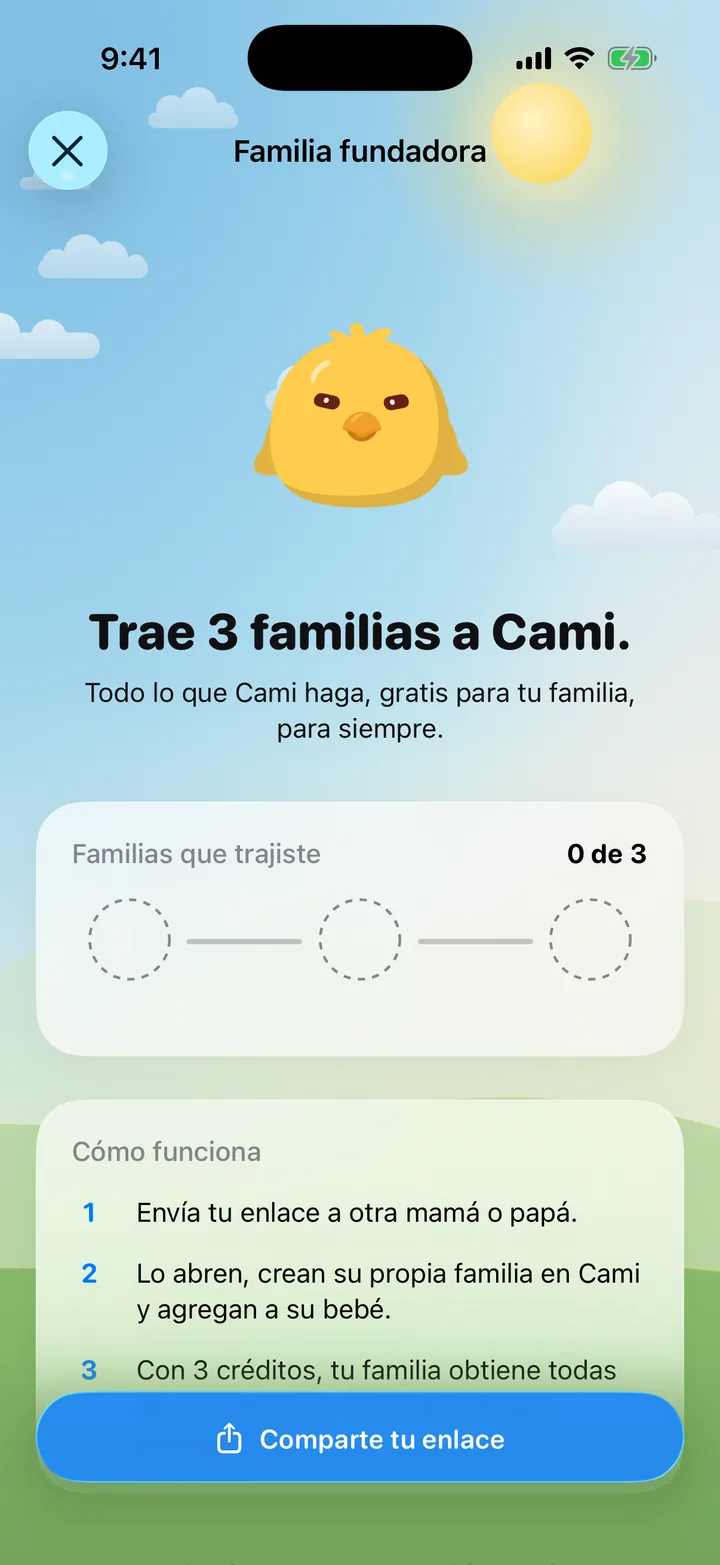 La pantalla Familia fundadora con el avance de créditos, Cómo funciona y Comparte tu enlace.