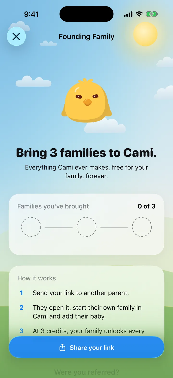The Founding Family screen with the credits track, How it works and Share your link.