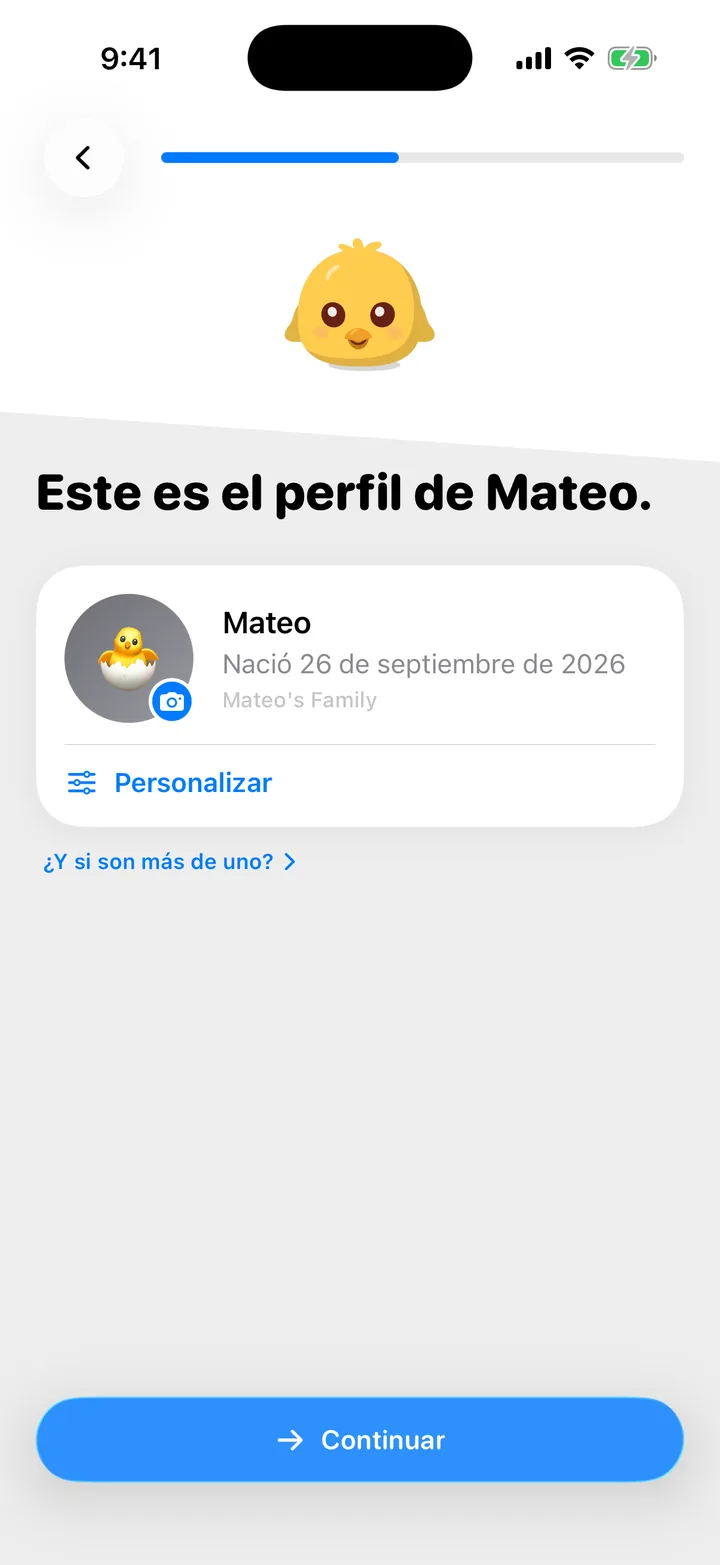 El perfil de tu bebé durante la configuración, con el botón Personalizar.