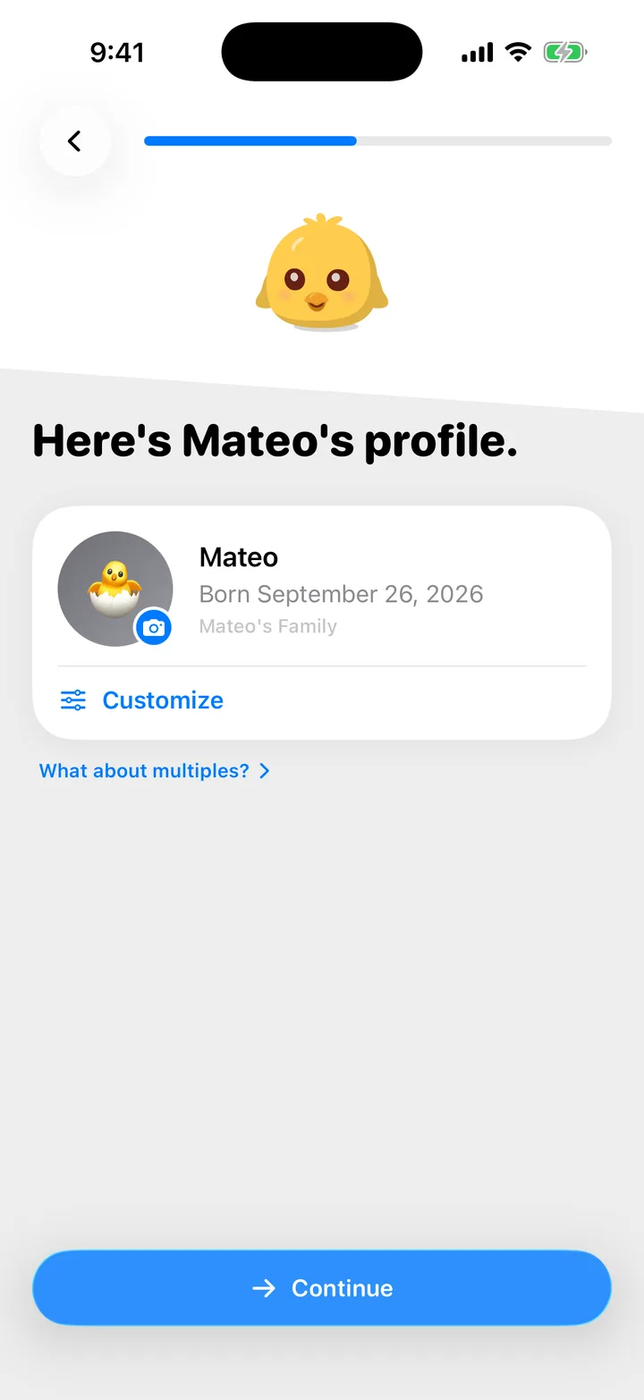 Your baby's profile card during setup, with the Customize button.