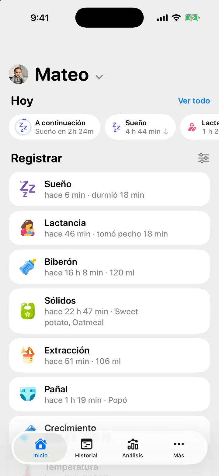 La pantalla Inicio de Cami, con Hoy hasta ahora arriba y las filas de Registrar abajo.