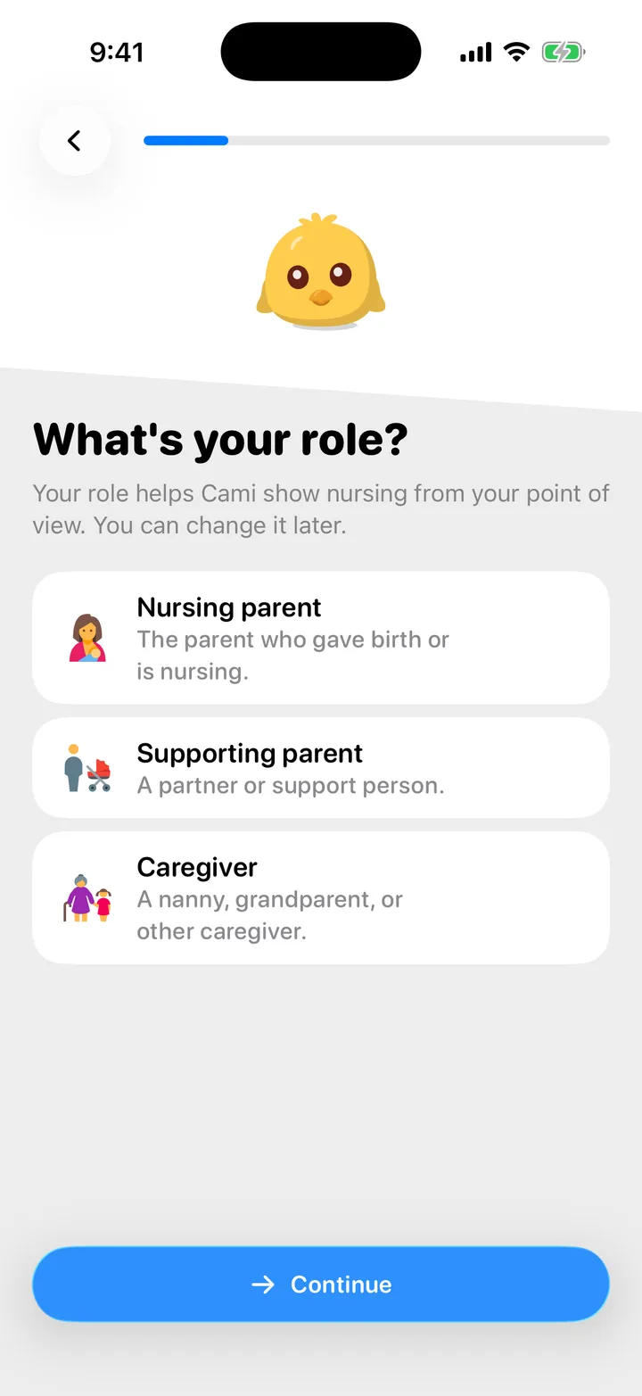 The question What's your role?, with Nursing parent, Supporting parent and Caregiver.