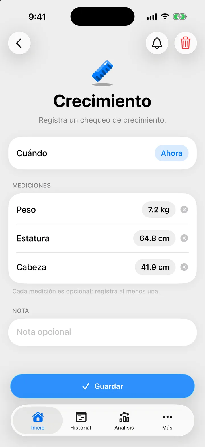 El formulario Crecimiento: Cuándo y la tarjeta Mediciones con Peso, Estatura y Cabeza.