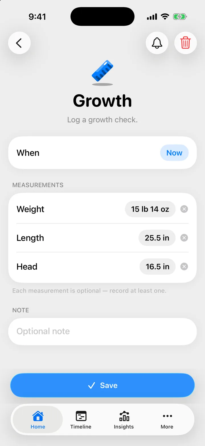 The Growth form: When, and the Measurements card with Weight, Length and Head.