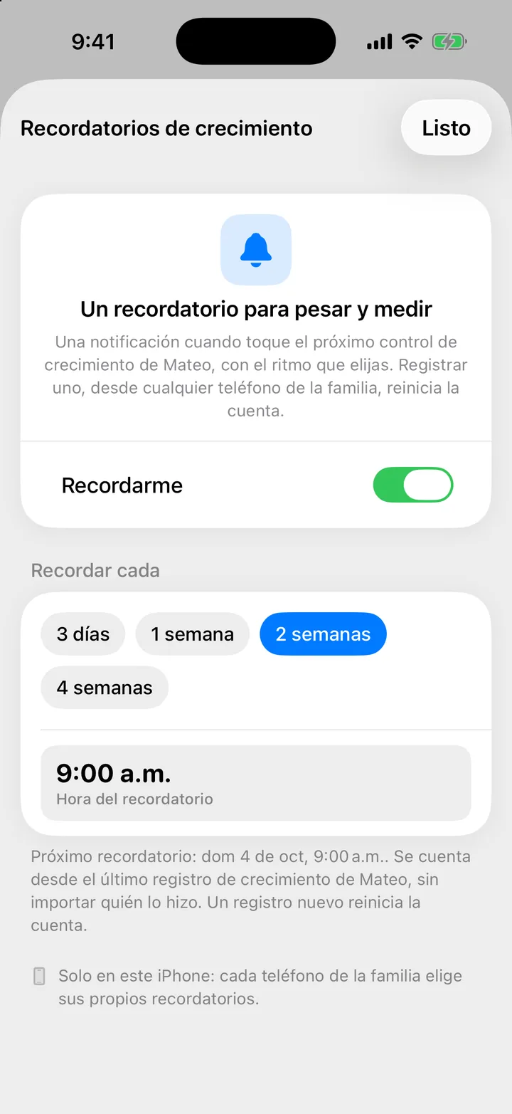 La hoja Recordatorios de crecimiento: Recordarme activado, Recordar cada con un ritmo elegido y la hora del recordatorio.