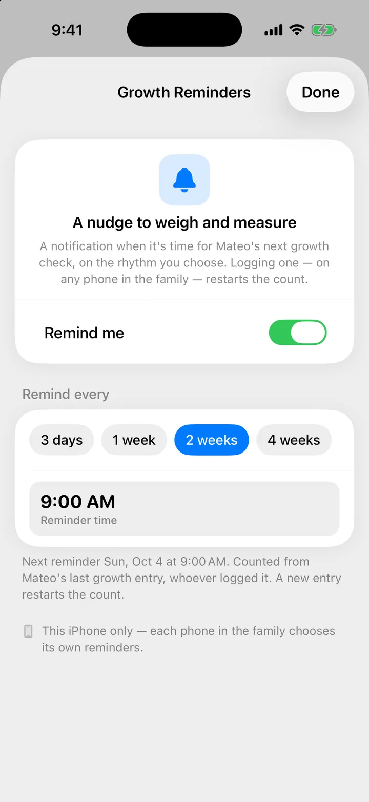 The Growth Reminders sheet: Remind me turned on, Remind every with a rhythm chosen, and the reminder time.