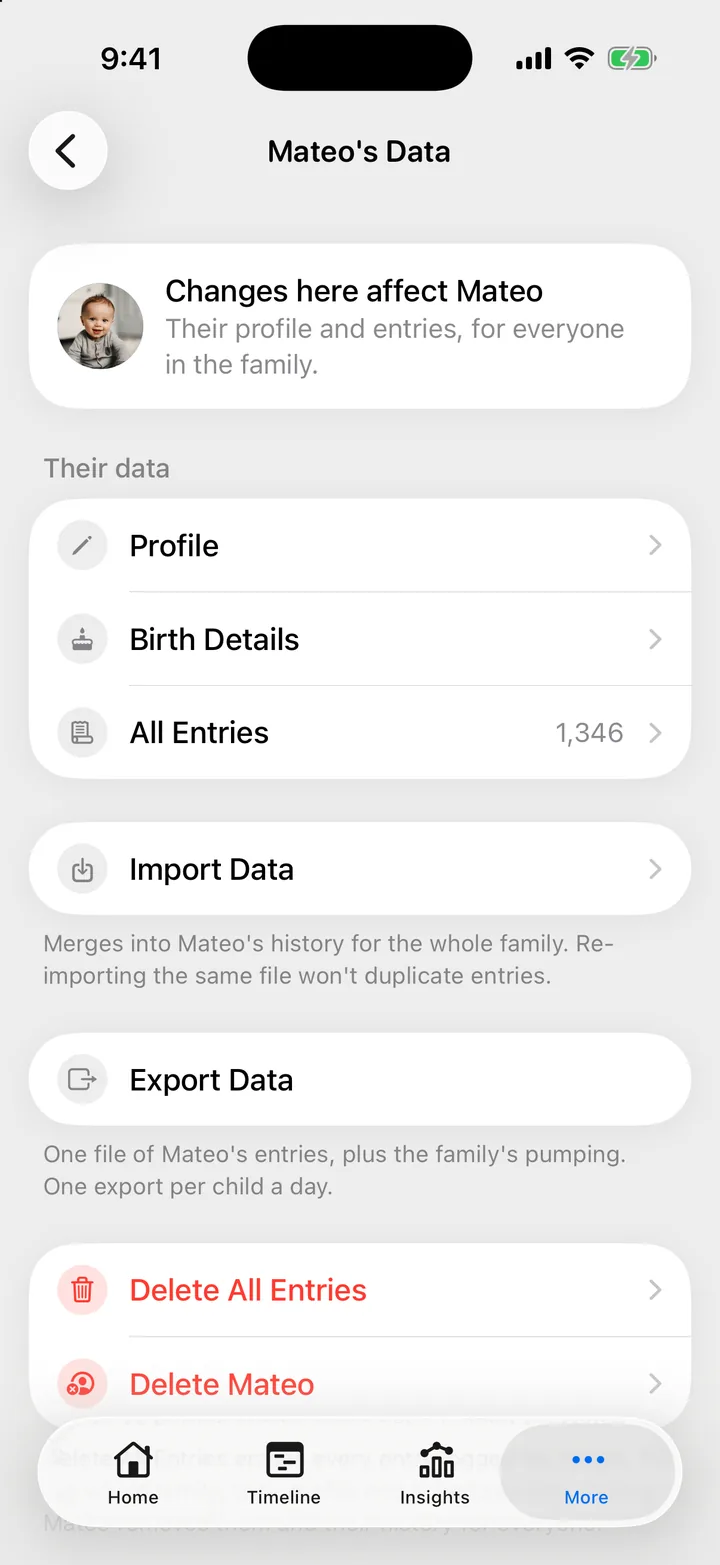 Mateo's Data screen in Cami, with the Import Data row.