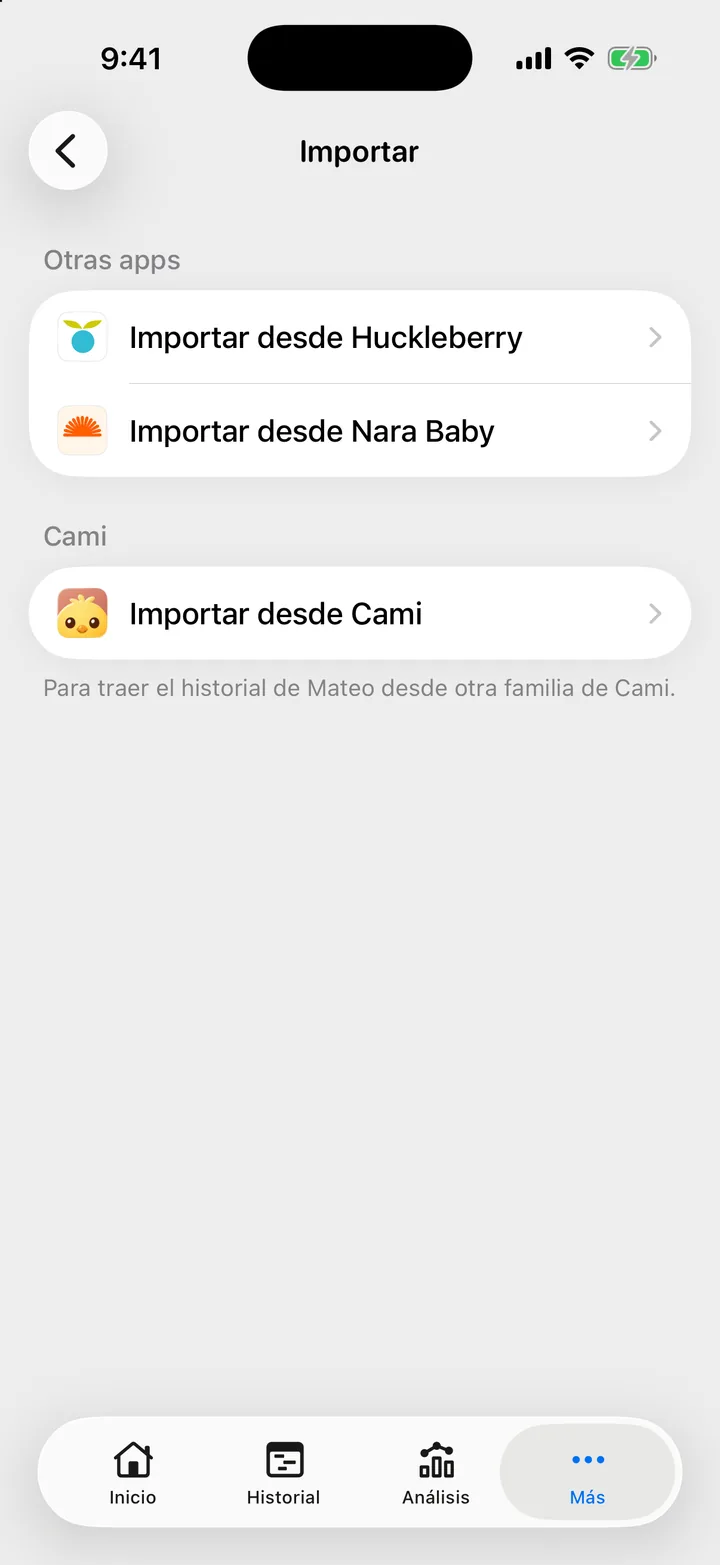 Pantalla Importar de Cami: Importar desde Huckleberry e Importar desde Nara Baby en Otras apps.