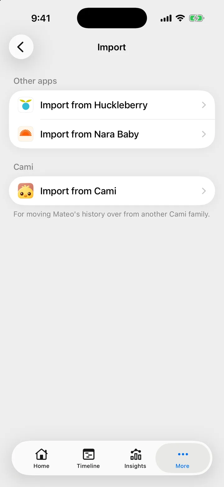Cami's Import screen: Import from Huckleberry and Import from Nara Baby under Other apps.