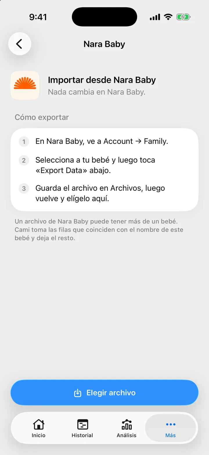 Pantalla Importar desde Nara Baby en Cami, con tres pasos para exportar y el botón Elegir archivo.