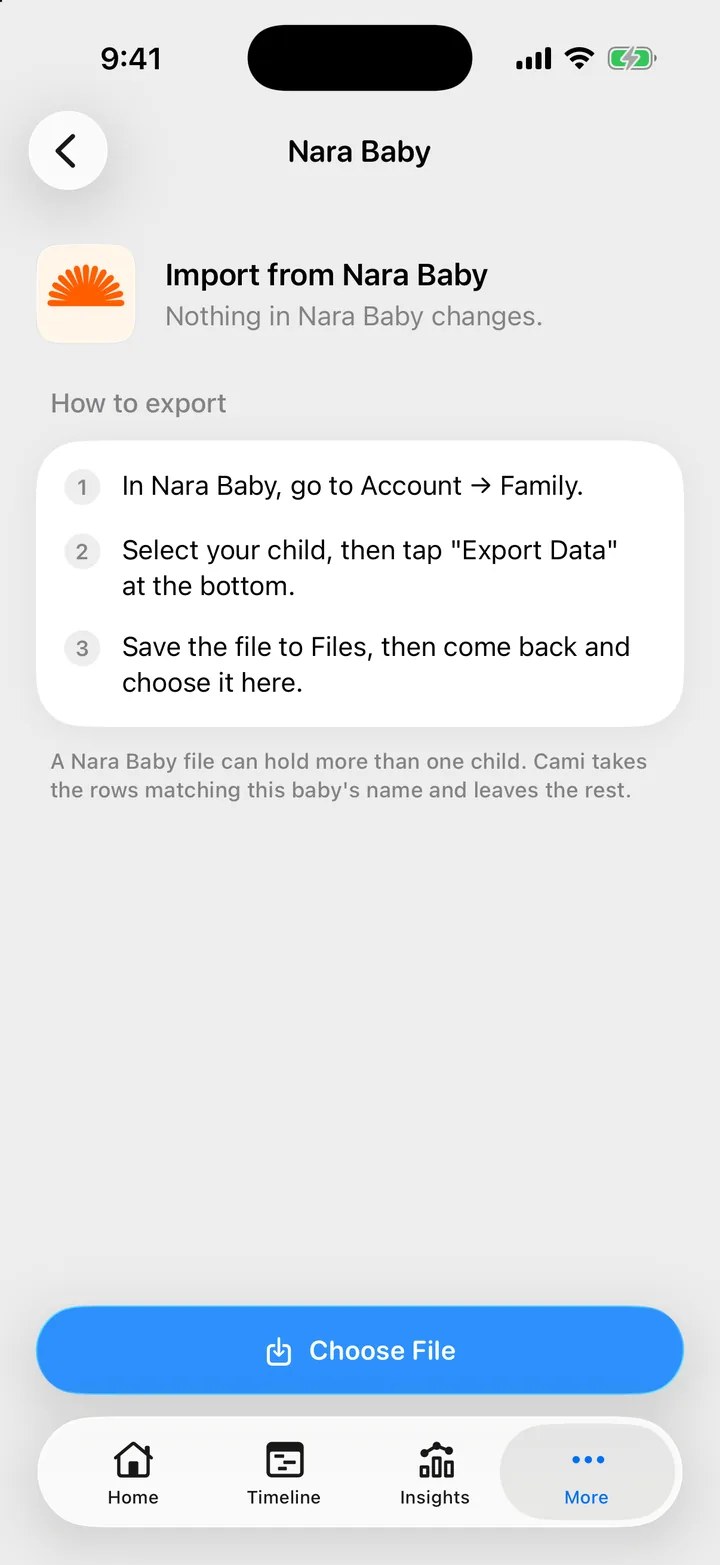 Cami's Import from Nara Baby screen, with three export steps and the Choose File button.