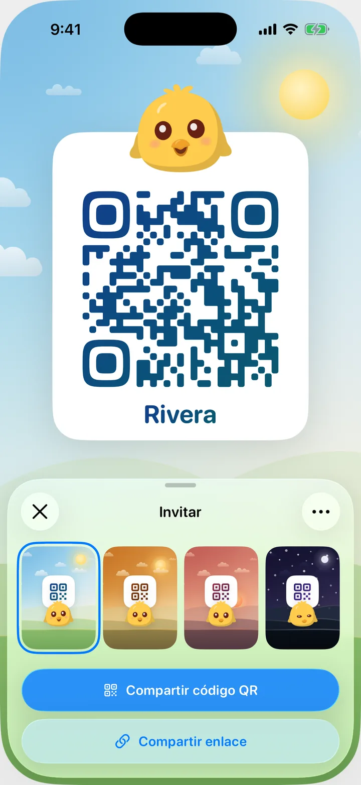 La pantalla Invitar de Cami: el código QR de la familia sobre un cielo de mañana, con los botones Compartir código QR y Compartir enlace.