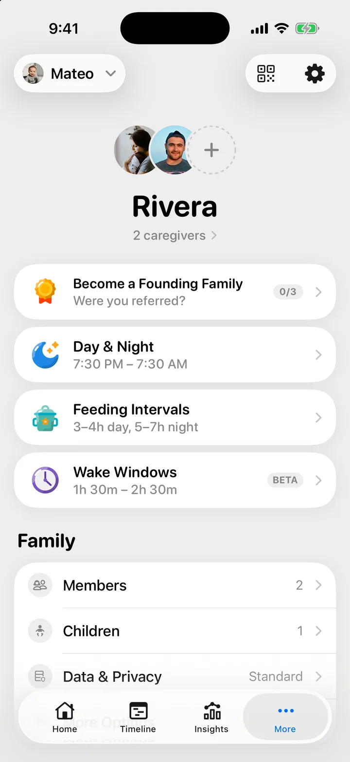 The More tab in Cami, with the Rivera family's faces, an empty seat, and the QR code button at the top right.